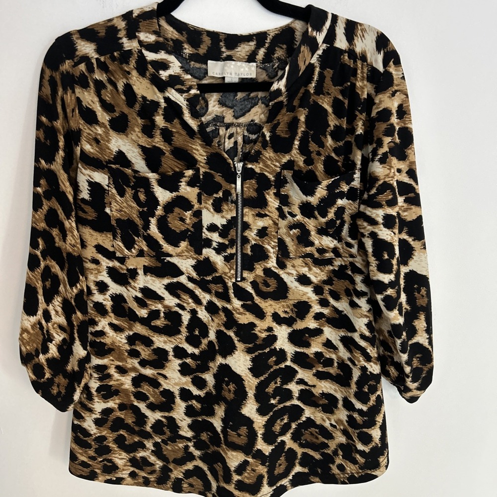 Carolyn Taylor Women's L‎ Leopard Print Zip Up V-neck 3/4 Button Up Sleeves